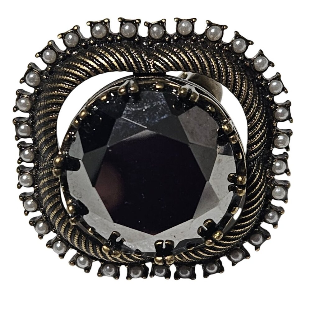 Vintage Statement Ring Size 8.5 Large Black Faceted Stone Pearl Accents Retro